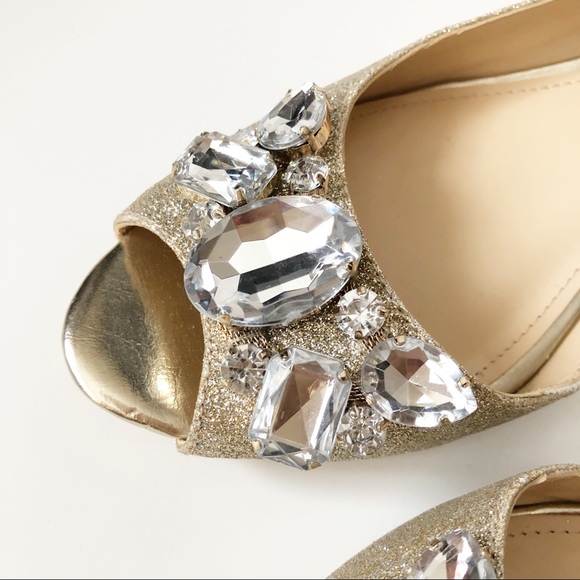 NEW Crystal Gold Wedge Bridal Wedding Peep Shoes - Picture 2 of 8